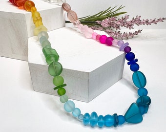 Ombre Rainbow Glass Bead Necklace, Multicolor Sea Glass Statement Necklace, Colorful Wrap Bracelet, Subtle Pride Gift for Lesbian Friend