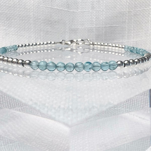 Dainty Apatite Bracelet Silver, Light Blue Apatite Gemstone Beaded Bar Bracelet, Color Block Beaded Necklace, Aqua Apatite Crystal Anklet