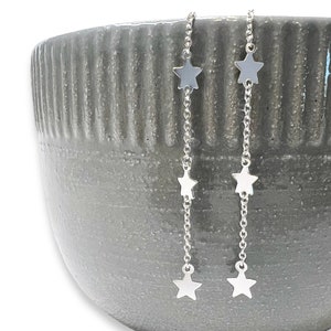 Three Star Dangle Threader Earrings, Dainty Sterling Silver Star Earrings, Celestial Jewelry, Minimalist   Pull Through Chain Light Earrings