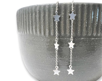 Three Star Dangle Threader Earrings, Dainty Sterling Silver Star Earrings, Celestial Jewelry, Minimalist   Pull Through Chain Light Earrings