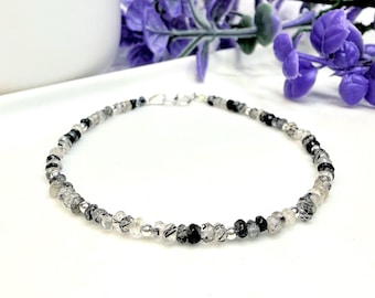 Black Tourmalinated Quartz Bracelet, Black Rutilated Quartz, Tourmaline Quartz Beaded Necklace, Rutile Quartz Gemstone Bead Choker, Anklet