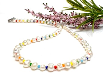 Rainbow Freshwater Pearl Necklace, Modern Pearl Jewelry, Subtle
