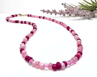 Pink Beaded Necklace, Pink Glass Seed Bead Choker, Extra Long Necklace, Fuchsia Magenta Handmade Boho Wrap Stretch Bracelet Anklet for Women