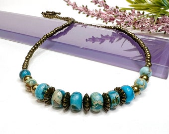 Blue Imperial Jasper Necklace, Imperial Jasper and Bronze Necklace, Bronze & Blue Sea Sediment Jasper Bead Necklace, Boho Beaded Necklace