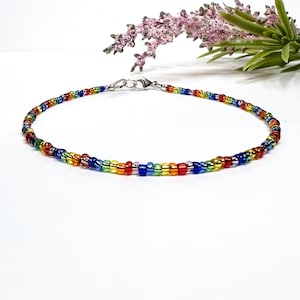 May include: A rainbow colored beaded anklet with a silver clasp.