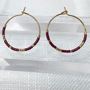 Maroon & Gold Earrings, Dainty Beaded Hoop Earrings, Burgundy Earrings, Miyuki Delica Seed Bead Earrings, FSU Game Day Accessories for Women