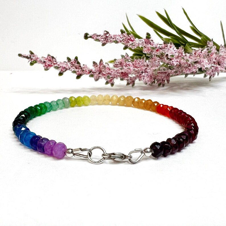 Rainbow Bracelet Beaded, Colorful Mixed Gemstone Candy Necklace, Multicolor Gem Rondelle Bead Bracelet, Multi Color Stones, Pride Bracelet image 5