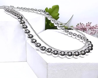 Sterling Silver Bead Necklace, 2mm 3mm 4mm 6mm 925 Silver Ball Beaded Choker, Demi Fine Long Wrap Bracelet, 25th Anniversary Gift Women Men
