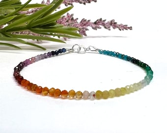 Rainbow Bracelet, Colorful Gemstone Beaded Bracelet, Multicolor Dainty Bead Choker Necklace, Subtle Pride Jewelry Gift for Lesbian