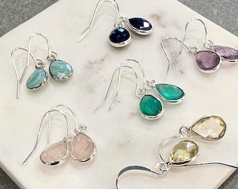 Dainty Teardrop Earrings, Gem Drop Earrings Silver, Drop Gemstone Earrings, Bezel Droplet Dangle Earrings, Birthstone Earrings for Women