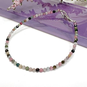 Dainty Watermelon Tourmaline Bracelet, Multicolor Tourmaline Bead Bracelet, October Birthstone, Tiny Mixed Rainbow Tourmaline Beaded Choker
