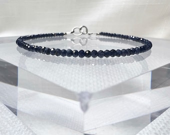 Raw Sapphire Bracelet, Dainty Natural Sapphire Beaded Bracelet, September Birthstone, Dark Blue Gemstone, Tiny Faceted Beads, Something Blue