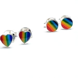 Tiny Rainbow Stud Earrings, Rainbow Earrings Studs, Rainbow Heart Earrings, Colorful Enamel Earring Silver Circle, Subtle Pride Jewelry Gift