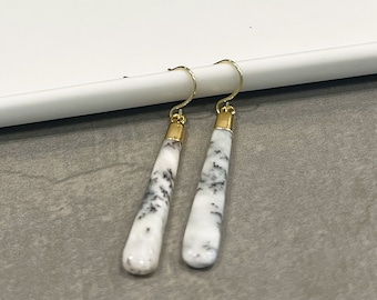 Dendritic Opal Earrings, Dendritic Agate Earrings Drop Earrings Gold, Long Dangle Earrings, October Birthstone Earrings, Elegant Earrings