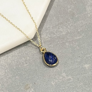Dainty Blue Sapphire Necklace Gold, Bezel Sapphire Charm Necklace, Delicate Gemstone Drop Pendant Necklace, September Birthstone Necklace