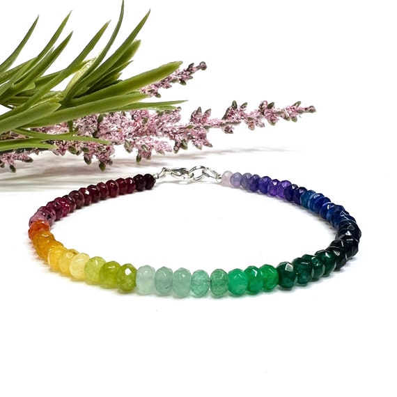 Rainbow Bracelet Beaded, Colorful Mixed Gemstone Candy Necklace, Multicolor Gem Rondelle Bead Bracelet, Multi Color Stones, Pride Bracelet