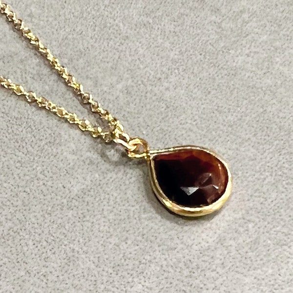 Tiny Red Tigers Eye Necklace, Ultra Dainty Gemstone Necklace, Tiger Eye Pendant, Bezel Gemstone Drop Pendant, Layering Necklace Gold
