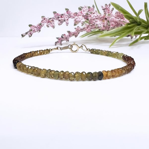 Multicolor Tourmaline Bracelet, Green & Brown Tourmaline Beaded Bracelet, Ombre Gemstone Bracelet, October Birthstone Bracelet, Fall Jewelry