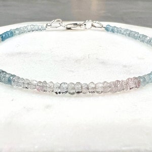 Aquamarine Morganite Bracelet, Beryl Beaded Ombre Gemstone, Pastel Gem Bead Choker Necklace, March Birthstone Handmade Jewelry Gift for Her