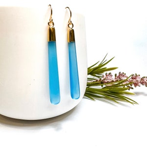 Sky Blue Chalcedony Dangle Earrings, Elegant Minimalist Long Gem Drop Pendant Earrings, Santorini Jewelry, Handmade Gemstone Gift for Mom