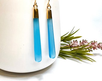 Sky Blue Chalcedony Dangle Earrings, Elegant Minimalist Long Gem Drop Pendant Earrings, Santorini Jewelry, Handmade Gemstone Gift for Mom