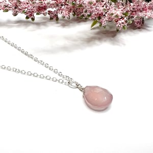 Pink Chalcedony Briolette Pendant Necklace, Wire Wrapped Gemstone Necklace, Pink Crystal Gem Drop Necklace, Dainty Jewelry Gift for Wife Her