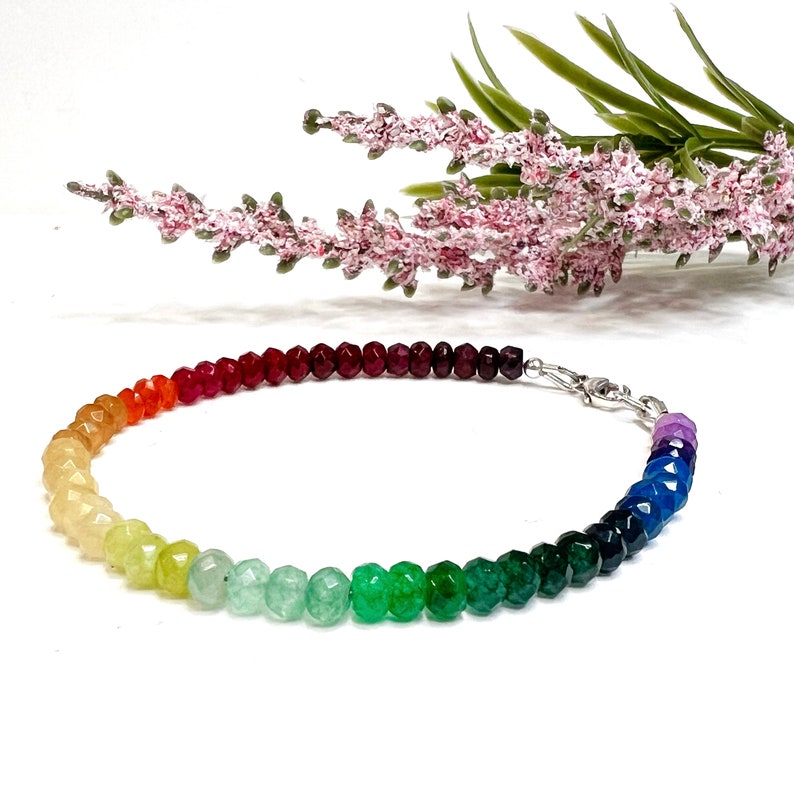 Rainbow Bracelet Beaded, Colorful Mixed Gemstone Candy Necklace, Multicolor Gem Rondelle Bead Bracelet, Multi Color Stones, Pride Bracelet image 7