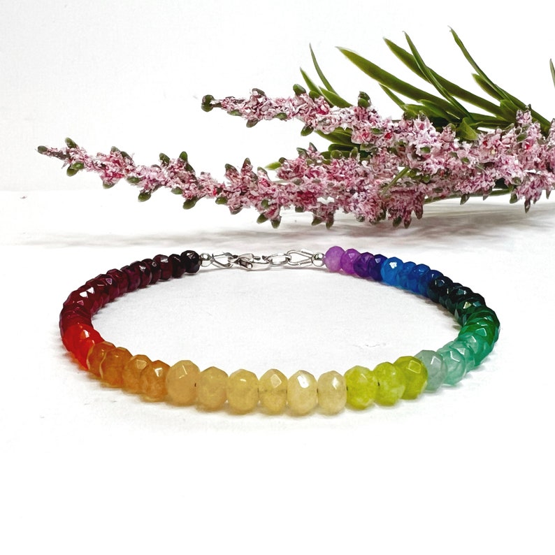 Rainbow Bracelet Beaded, Colorful Mixed Gemstone Candy Necklace, Multicolor Gem Rondelle Bead Bracelet, Multi Color Stones, Pride Bracelet image 2