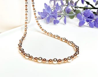 Two Toned Sterling Silver Rose Gold Mixed Metal Bead Necklace, Multi Size Ball Beaded Choker, Long Wrap Bracelet, 25th Anniversary Gift Her
