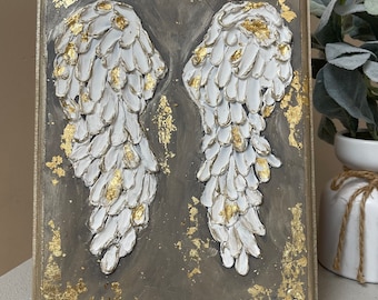 Angel wings textured painting on wooden plaque MADE TO ORDER