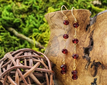 Long, Elegant Red Glass Bead Dangle Earrings 2.75"