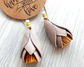 leather earrings for women hand made craft unique jewelry flower earrings dangle lightweight beige yellow earrings hand made unique jewelry