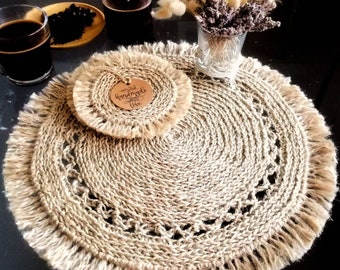 Jute round placemats crochet fringe boho placemats coasters set, gift for her him natural eco straw woven table mat dining kitchen rugs