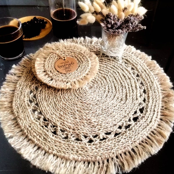 Jute round placemats crochet fringe boho placemats coasters set, gift for her him natural eco straw woven table mat dining kitchen rugs