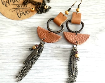 leather dangle fringe earrings gift for her women boho lightweight stacked half moon earrings hand made craft unique leather jewelry