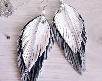 leather feather fringe earrings for women white gray boho dangle lightweight hand made crafted unique statement jewelry earrings