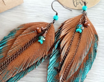 leather feathe earrings for women, fringe tassel earrings with chain boho dangle western earrings hand made craft unique jewelry gift