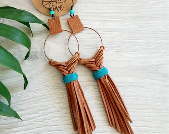 Genuine leather suede fringe earrings for women hand made  brown blue red earrings boho tassel hoop long dangle macrame pigtails earrings