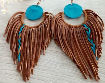 Genuine leather hoop fringe earrings gift for women feather tassel hand made craft unique jewelry western brown blue long dangle  earrings