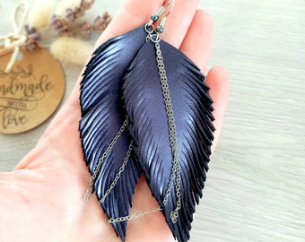 leather earrings for women, hand made craft unique jewelry gift   feather fringe boho earrings dark navy blue metallic earrings