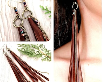 Long genuine leather fringe earrings for women dangle boho style tassel earrings gift for her hand made jewelry crafted feather earrings