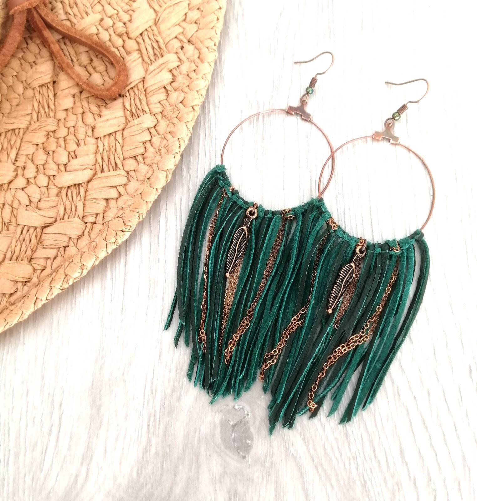 Leather hoop fringe earrings for women feather tassel earrings Etsy