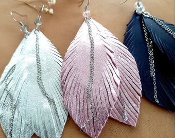 leather earrings for women, fringe dangle feather earrings, pink blue silver metallic shiny boho handmade craft unique earring jewelry gifts