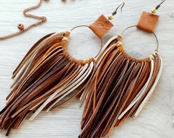 Leather earrings for women, gift for her, hoop dangle ombre brown earrings, handmade craft unique jewelry, boho fringe western earrings