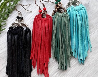 Suede Fringes Earrings Western Tassels Jewelry,Mothers Day,Gifts for Her,Moms,Black Leather Cutouts,Gifts Under 20,Graduation,Bachelorette
