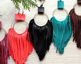 Suede Fringes Earrings Western Tassels Jewelry,Mothers Day,Gifts for Her,Moms,Black Leather Cutouts,Gifts Under 20,Graduation,Bachelorette