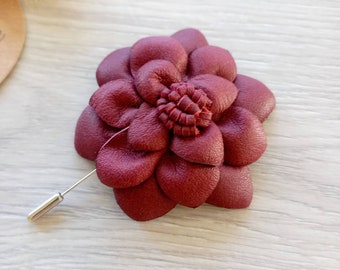 leather flower brooch, genuine leather lapel pin, red maroon flower pin, bag charm accessories, hand made craft unique jewelry