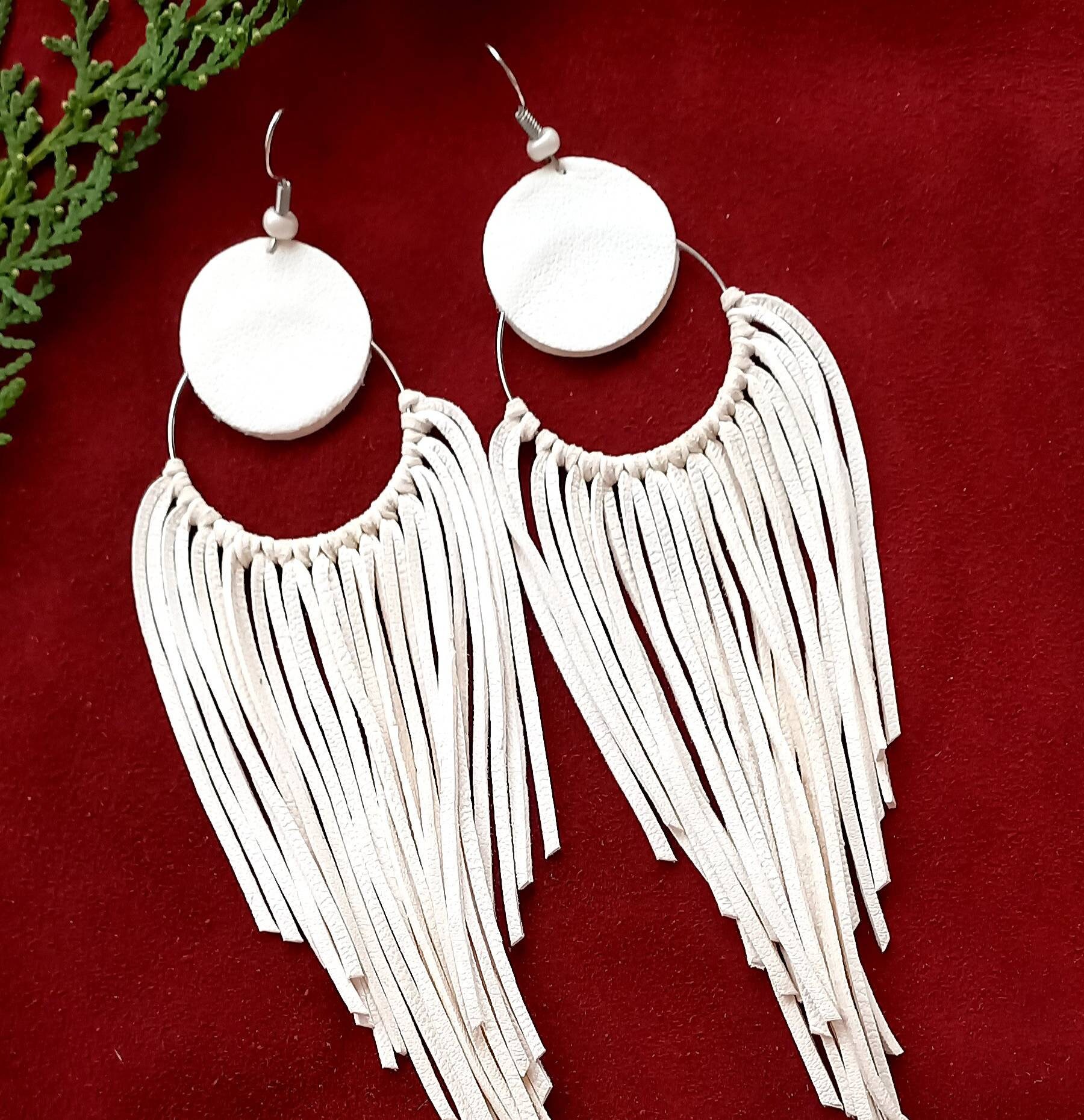 Leather Fringe Earrings for Women Ivory Big Long Tassel Etsy