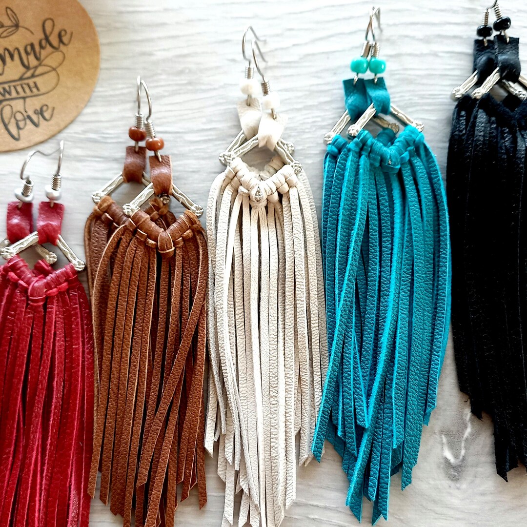 Real Leather Fringe Earrings for Women Feather Tassel Earrings Red ...
