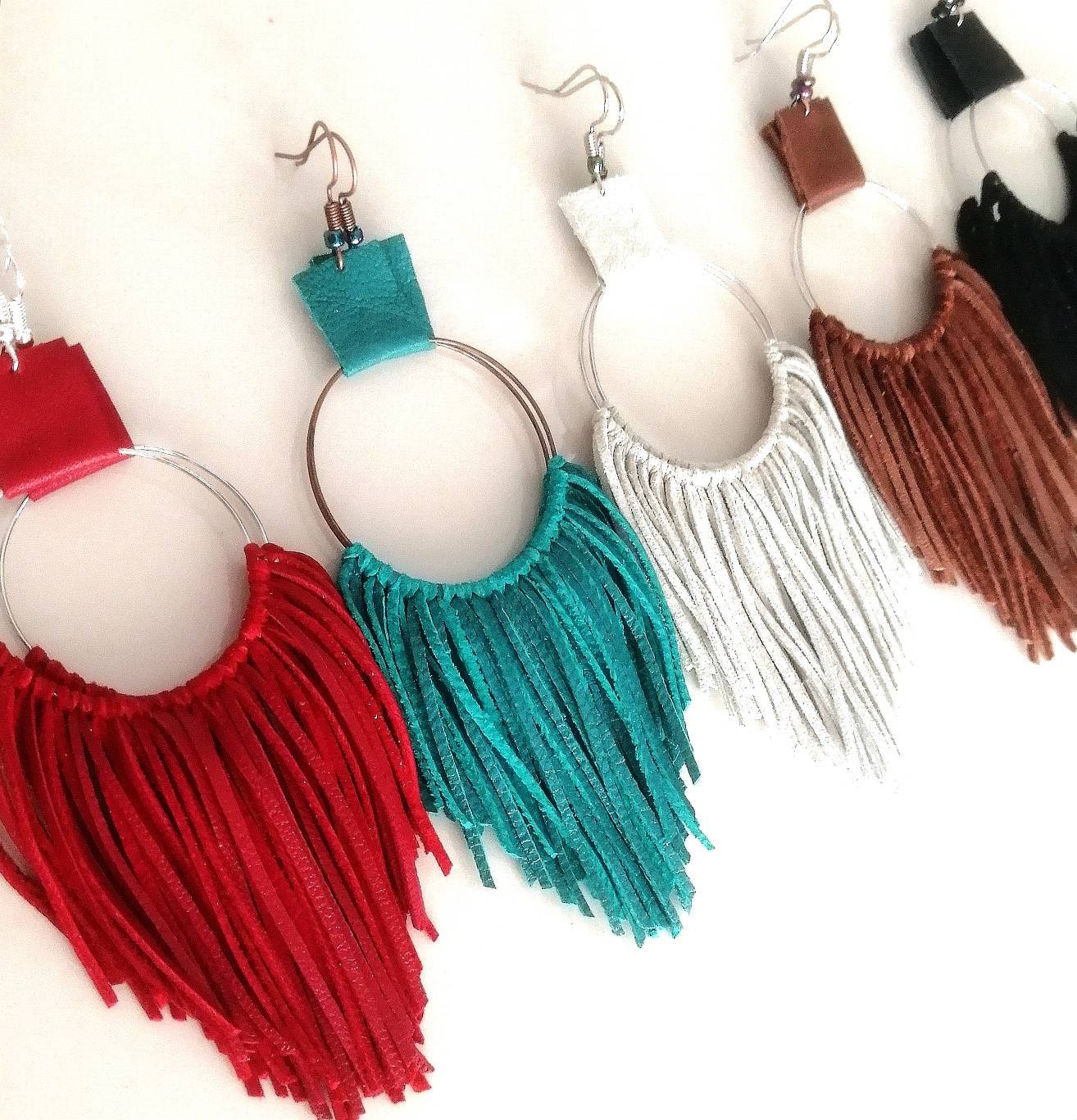 Leather suede fringe earrings for women red black brown light Etsy